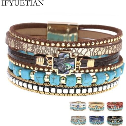 IFYUETIAN fashion Leather Bracelets for Women stone beaded Bracelet Multilayer wrap Magnet BraceletsFemale Fashion Jewelry