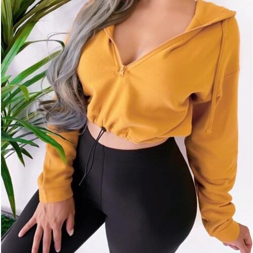 New Fashion Sexy Women Spring Autumn Crop Hoodies Long Sleeve Casual Female Zip-Front Sweatshirts Deep-V Neck Street Wear