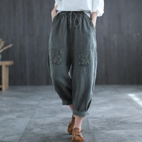 Original Retro Women Casual Harem Pants Cotton Linen Elastic Waist Pocket Capri 2021 Autumn Cut Out Stitched Lace Trouser Ethnic