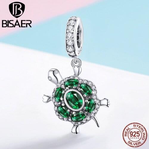 BISAER Ocean Charms 925 Sterling Silver Turtle Tortoise Beads Green Cubic Zircon fit Bracelets DIY Jewelry Making ECC1017
