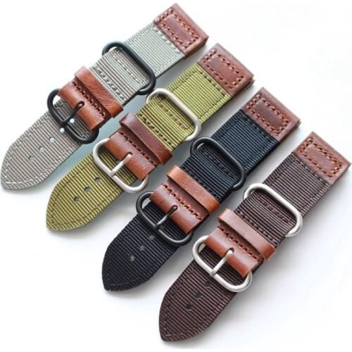 High Quality 18mm 20mm 22mm 24mm Green Gray Brown Black Nylon + Leather Watch Band Nato Strap For Army Military Watch Bracelet
