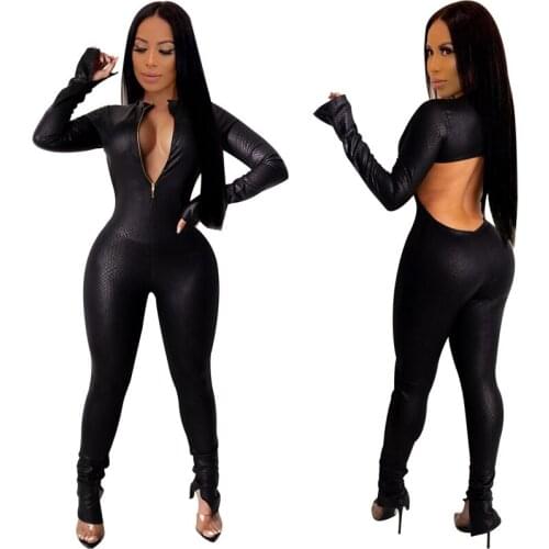 Crocodile Pattern Sexy Night Club Rompers Women Front Zip Long Sleeve Bodysuit Cat Women Fetish Faux Leather Snake Skin Jumpsuit