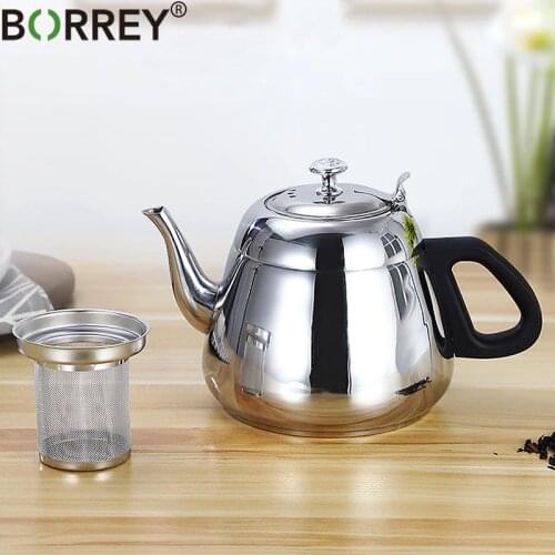 BORREY 2L Silver Teapot Stainless Steel Tea Infuser Filter Metal Coffee Pot Gas Stove Induction Cooker Tea Kettle Hotel Tea Pot