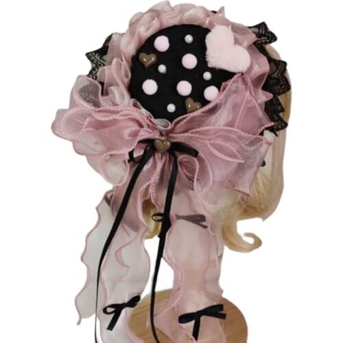 Chic Bowknots Headwear Fairy Girls Headpins Fashion Lolita Headband Black Lace Pink Bows Embellish Delicate Headpiece