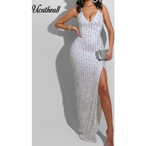 High Split Sequined Glitter Shiny Dress Women Deep V Sequins Back Cross Lace Up Sleeveless Nightclub Party Dress Vestidos