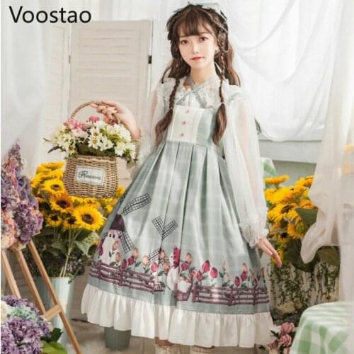 Japanese Sweet Pastoral Style Jsk Lolita Dress Women Cute Vintage Sleeveless Ruffles Cartoon Print Princess Tea Party Dresses