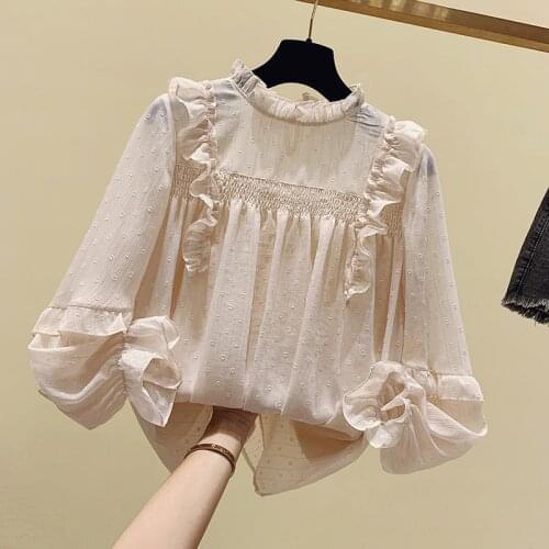 Ruffled chiffon shirt women 2021 spring and autumn new fashion western style womens temperament blouse trumpet sleeve shirt