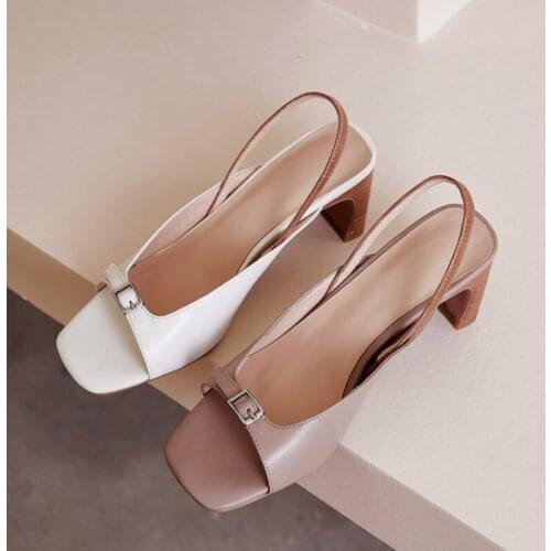 2021 Summer Peep Toe Genuine Leather shoes Women Sandals High Heels Square Toe Back Strap Shoes Seeet Casual Ladies Footwear