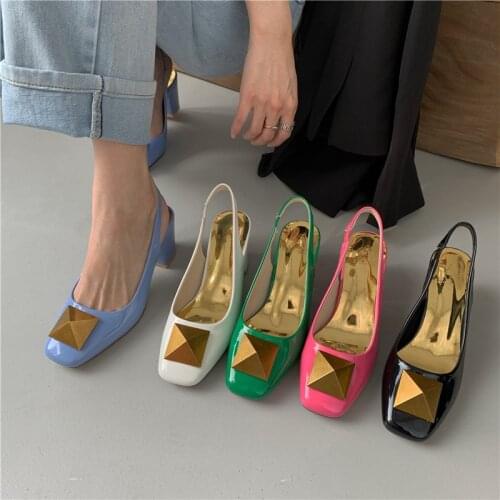Bailamos Women High-Heel Shoes European American New Metal Chain Square Heel Sandals Leather Pumps Chunky Heels Round Toes Ladie