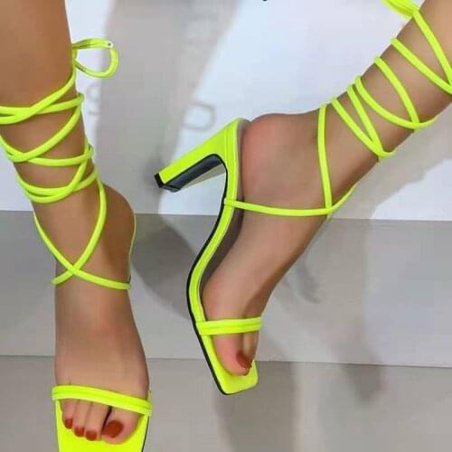 2021 Fashion Womens Sandals High Heels Square Toe Solid Ankle Strap Shoes Cross-tied Slip on Slippers Dress Party Club Ladies