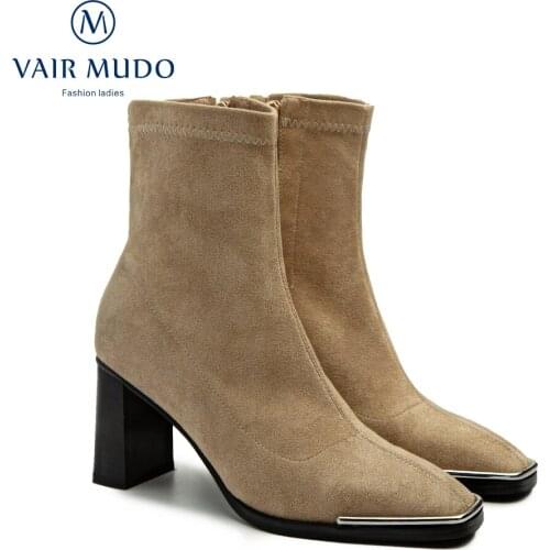 VAIR MUDO Women Ankle Boots Shoes HIgh Heels Kid Suede Boots Black Brown Autumn Winter Concise Stretch Fabric Shoes WM-X184-C