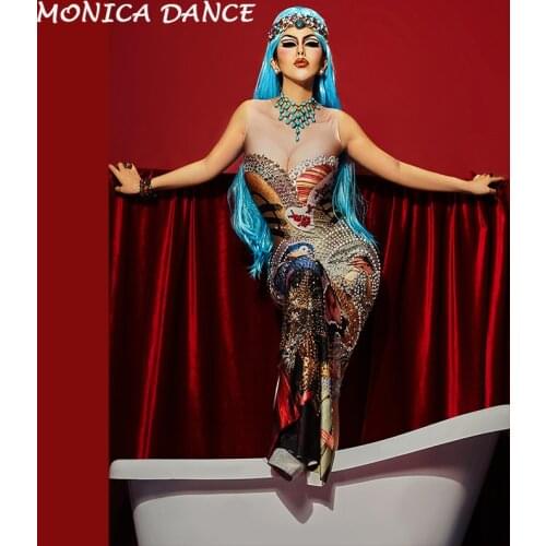 Women Sexy Stage Long Dress Sleeveless Sparkling Crystal Printed Nightclub Party Birthday Evening Bling Dance Costumes