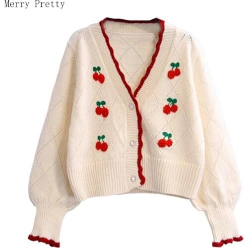 Cherry Embroidery Korean Women Short Knitted Pullover Sweaters 2021 Summer Long Sleeve V-neck Casual Sweet Style Girly Crop Top