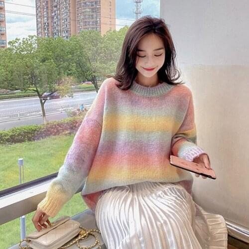 Women Autumn Long Sleeve O-Neck Sweater Harajuku Gradient Rainbow Candy Color Striped Jumpers Oversized Loose Pullover Tops D08E