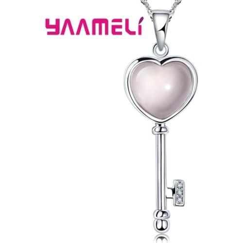 Lovely Heart Key Shaped Women Pendant Necklace Pure 925 Sterling Silver Glass Azure Stone Jewelry for Beloved Girlfriend Wife