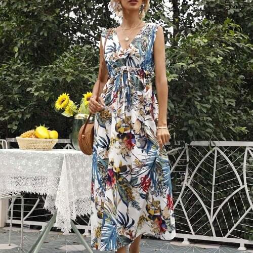Casual Floral Print Beach Dress Woman Sexy Lace Up Backless Sleeveless White Maxi Dresses for Women Summer 2021 Vestido Feminino