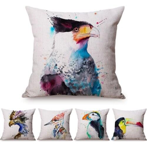 18" Home Decoration Water Color Birds Print Sofa Throw Pillow Case Color Ink Painting Macaw Toucan Chair Cushion Waist Pillows