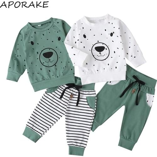 2021 0-4Y Toddler Kids Baby Boy Clothing Cartoon Bear Print Long Sleeve T-shirt+Striped Harem Pants Spring Fall Casual 2pcs Set