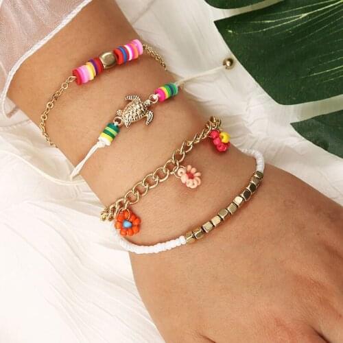 4 pcs/set Bohemia Hand-weave Beaded Chain Bracelet Bangles For Women Fashion Geometric Flower Tortoise Creative Bracelet Jewelry