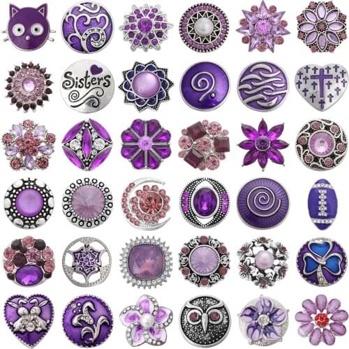 5pcs/lot New Purple Rhinestone Flower Snaps Jewelry 20mm 18mm Metal Snap Button Fit DIY Metal Snap Button Bracelet Necklace