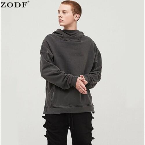 ZODF Brand New Mens Ninja Style Hoodies Solid Kanye West Stand Collar Side Slit Cotton Hooded Sweatshirts Streetwear HY0160