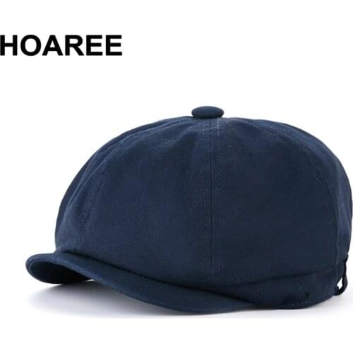HOAREE Navy Newsboy Cap Men Cotton Octagonal Cap Male Spring Summer British Style Solid Spring Autumn Flat Cap