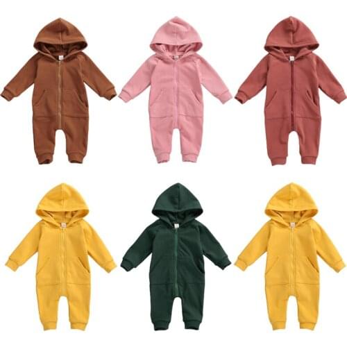 0-24M Newborn Infant Baby Boy Girl Autumn Romper Overalls Long Sleeve Solid Zipper Hooded Toddler Jumpsuit Clothes