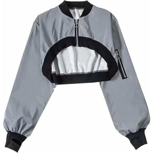 European American Style Short Sexy Jackets Hip Hop Sweet Girl Reflective Coat Loose Solid Sports Streetwear Zip Top 2021 New