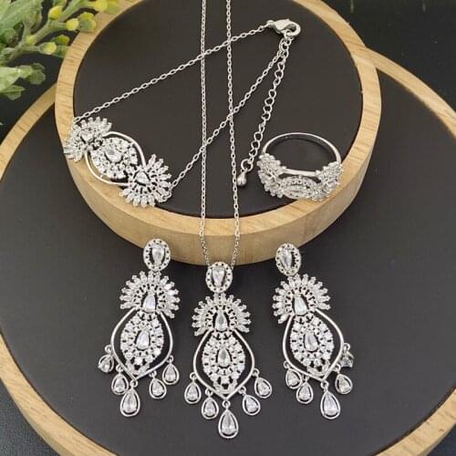 Lanyika Fashion Jewelry Set Elegant Water Drop Zirconia Pave Necklace with Earrings, Bracelet and Ring for Woman Banquet Gifts