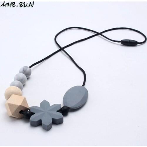 MHS.SUN Silicone Beads Snowflake Necklace With Original Wooden Beads Baby Teething Nursing Necklace Food Grade Chewable Jewelry