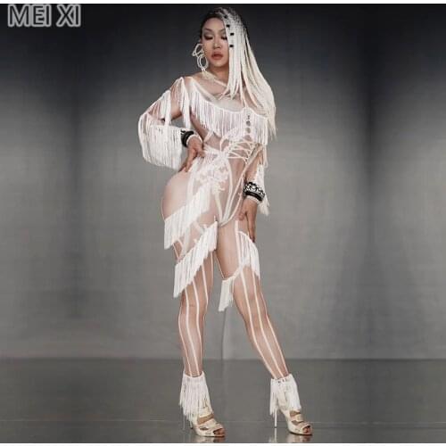 Trendy white printed tassel long spandex onesie nightclub bar concert DJ singer/dancer costume