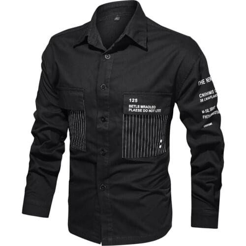 Mens Shirt Army Style Slim Fit Button Down Military Shirts Casual Cargo Dress Shirt With Letter Print