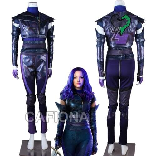 Newest Descendants 3 Cosplay Mal Cosplay Costume Leather Jacket Halloween Punk Style Outfits Long Wavy Hair
