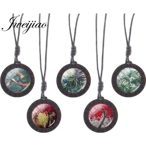 JWEIJIAO Red Green Leaf Tree Simple Style Necklace Wooden Round Shaped Pendant Vintage Rope Chains Handmade Jewelry Gift A605