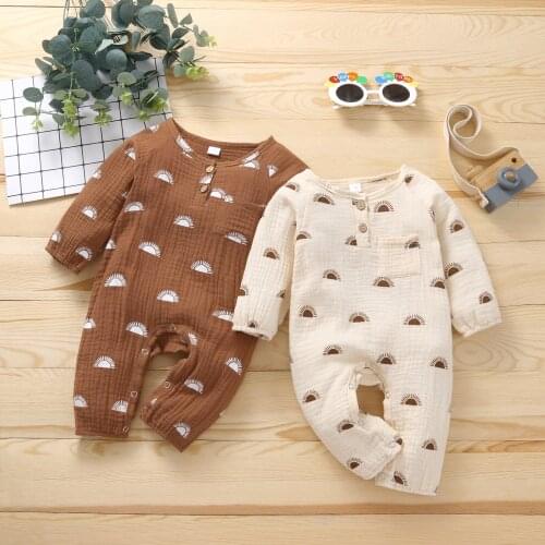 0-18M Newborn Baby Casual Jumpsuit Creative Sun Print Front Pocket Long Sleeve Round Collar Romper Spring Autumn Rompers