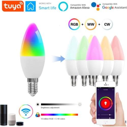 Tuya Smart WiFi Smart Bulb RGB + W + C LED Candle Bulb E14 Dimmable Light Smart Life Remote Voice Control With Alexa Google Home