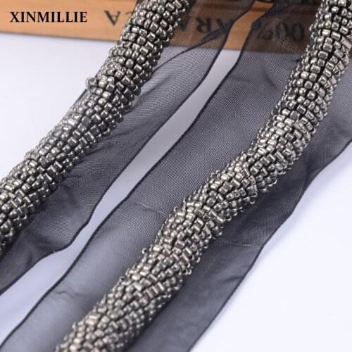 High Quality Black Beaded Chain Lace Fabric Net Ribbon DIY Clothes Bags Collar Belt Accessories Trim
