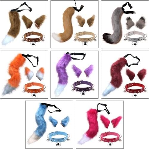 Faux Fur Kitten Wolf Long Tail Ears Hair Clips and Faux Leather Neck Collar Choker Set Halloween Party Cosplay Costume