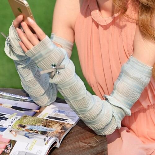 55cm Long Fingerless Gloves For Women Cute Satin Gloves With Tie Decoration Trendy Outdoor Summer Sunscreen Mittens