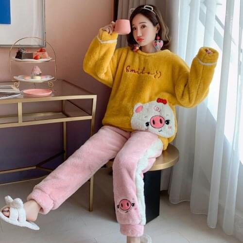 Women Pajamas Sets Sleepwear Cute Rabbit Pyjamas 2pcs Thick Warm Coral Velvet Nightwear Pijamas Mujer Women Flannel Home Clothes