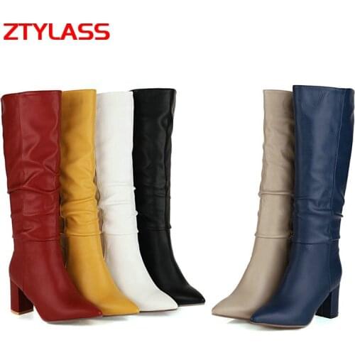 Big Size Women Boots 34-43 Fashion Slip On Pleated Knee High Boots Lady Thick High Heel Pointed To Boots Autumn Winter Shoes