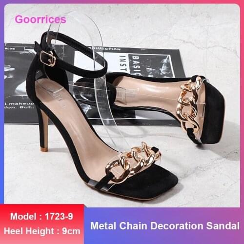 Metal Decoration High Heels Women Open Toe Ankle Strap Sandals Comfortable New Fashion Suede Party Pumps Summer 2021 Sexy 9cm