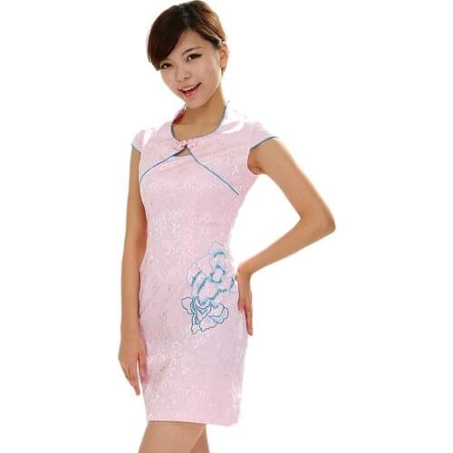 Chinese style improved cheongsam summer womens short sleeve dress with hand stitched embroidery