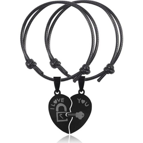 2PCs/set New Couple Bracelets For Women And Men Heart Black Stainless Steel Key Lock Two Halves Paired Bracelet Fashion Jewelry