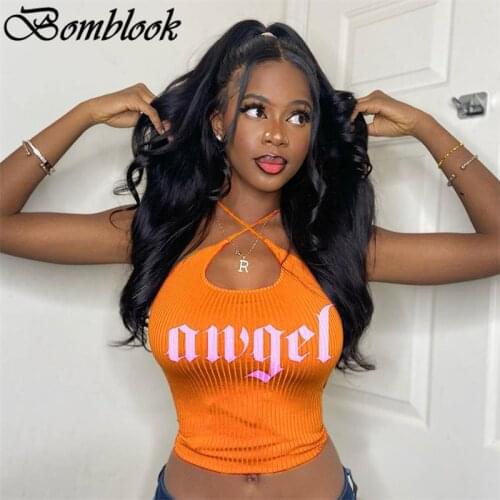 Bomblook Casual Fashion Summer Clothes For Women 2021 Cross Halter Letter Print Lace Up Backless Crop Top Female Streetwears