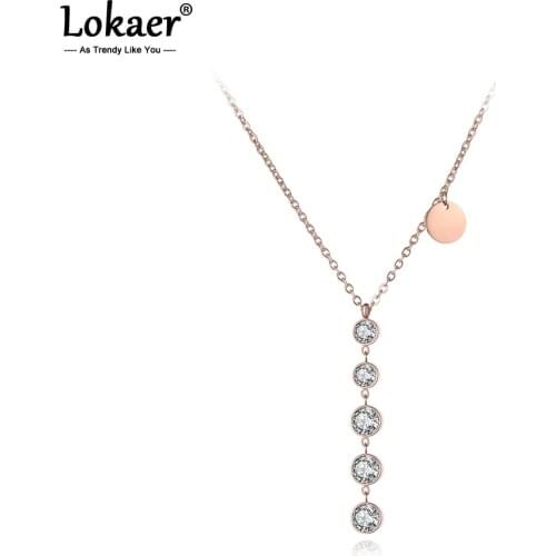 Lokaer Trendy Mosaic AAA Zircon Stainless Steel Chain Pendant Necklace Rose Gold Tag Charm Chokers Necklaces For Women N19052