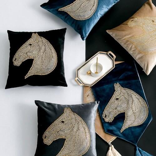 European Velvety Pillowcase Creative Horse Head Hot Drill Sofa Cushion Cover Hotel Apartment Decoration Chair Pillow Case