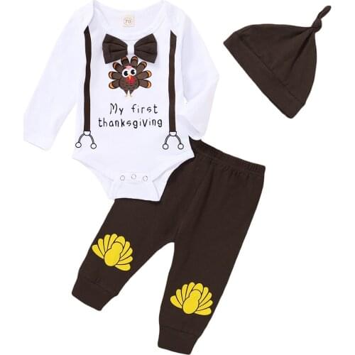 FOCUSNORM Thanksgiving Day Baby Boys Clothes Suit Set Floral Print Long Sleeve Baby Romper+ Trousers Pants + Hat 3pcs