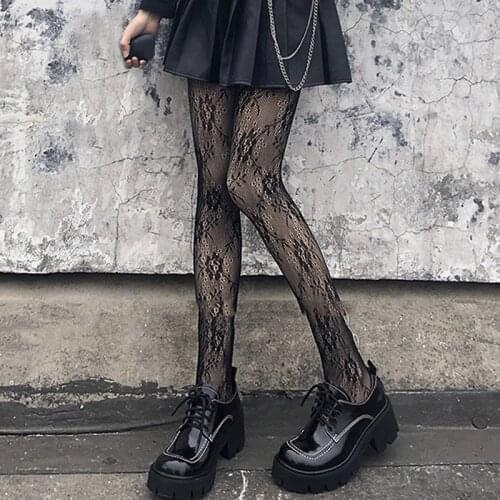 Gothic Tight Pantyhose Japanese Black Retro Rose Flower Vine Fishnet Lace Trousers Little Love Bottoming Stockings Women
