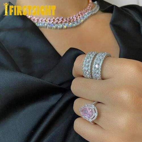 2021 New Iced Out Bling 5A CZ Tear Drop Rings Silver Color Cut Full CZ Band Wedding Engagment White Pink Stone Ring For Women